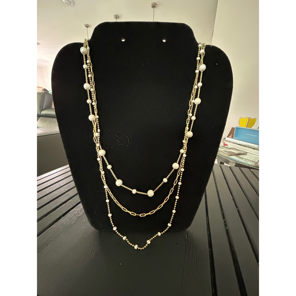 Gold Tone Multi Strand Layered Pearl Station‎ Necklace Women Adjustable Length